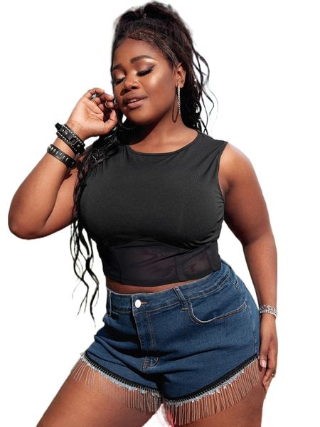 sxy plus mesh panel crop tank e4fd#, Black