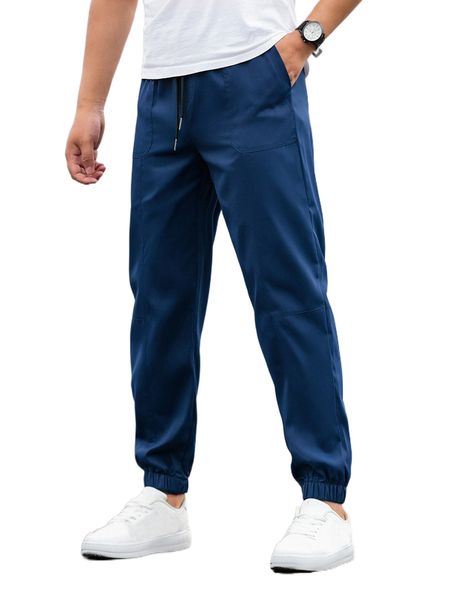 men solid drawstring waist pants k7za#, Black