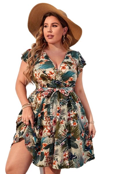 plus floral print surplice front butterfly sleeve belted dress 1651#, Black
plus floral print surplice front butterfly sleeve belted dress 1651#, Black