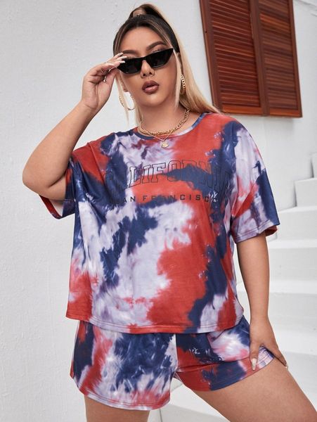 plus tie dye and letter graphic drop shoulder tee with track shorts 93jf#, Black
plus tie dye and letter graphic drop shoulder tee with track shorts 93jf#, Black