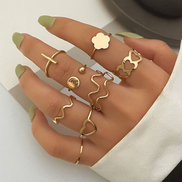 trendy golden metal ring set for women heart ripple flowers thin circle geometric finger rings fashion jewelry, Silver
trendy golden metal ring set for women heart ripple flowers thin circle geometric finger rings fashion jewelry, Silver