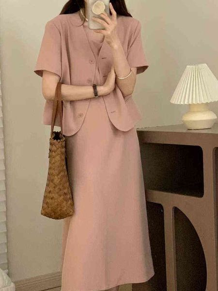 korean chic dress suits for women vintage summer 2 two piece set short sleeve vests jacket and spaghetti band long dress j220813, White;black
korean chic dress suits for women vintage summer 2 two piece set short sleeve vests jacket and spaghetti band long dress j220813, White;black