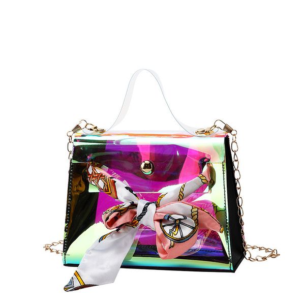 evening bags women pvc laser crossbody mini fashion messenger shoulder bag silk scarf bow chain small square