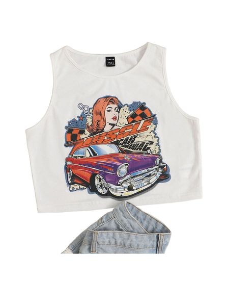figure and car print tank h8bm#, White