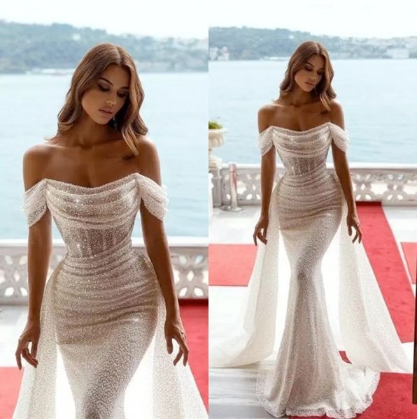 2022 sparkling sequins mermaid wedding dresses off the shoulder bridal gown beaded ruffles sweep train summer beach plus size vestido de nov, White
2022 sparkling sequins mermaid wedding dresses off the shoulder bridal gown beaded ruffles sweep train summer beach plus size vestido de nov, White