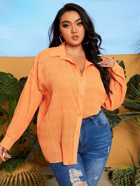 sxy plus button up drop shoulder plisse blouse t7u5#, Black 
sxy plus button up drop shoulder plisse blouse t7u5#, Black