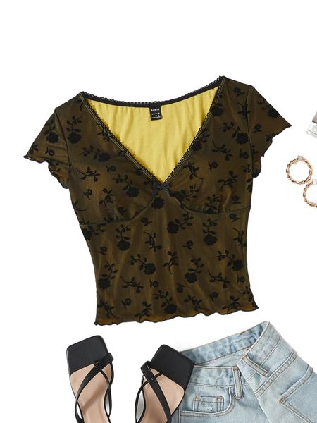 floral print bow front lettuce trim crop mesh tee t1ab#, White