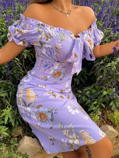 floral print frill trim knot front dress 10ws#, Black;gray
floral print frill trim knot front dress 10ws#, Black;gray