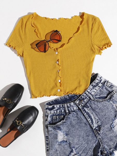 buttoned front lettuce trim rib-knit tee w4ez#, White
buttoned front lettuce trim rib-knit tee w4ez#, White