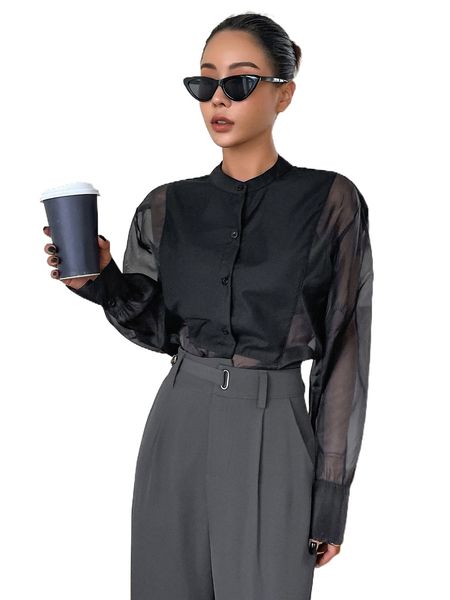 dazy solid button front sheer blouse m4ya#, White 
dazy solid button front sheer blouse m4ya#, White