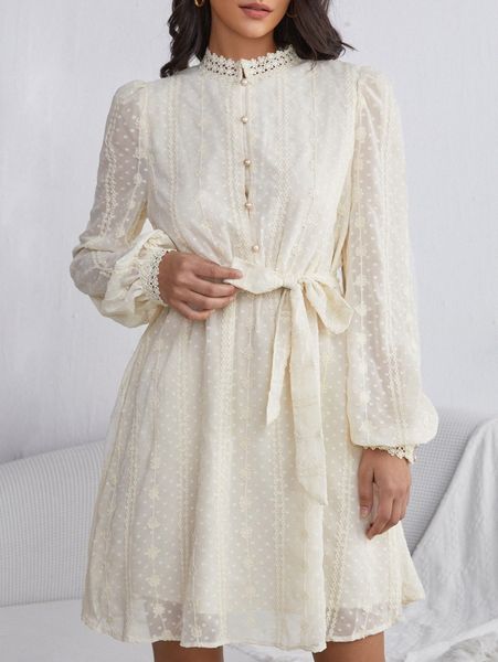 lace trim lantern sleeve belted dress 55dy#, Black;gray