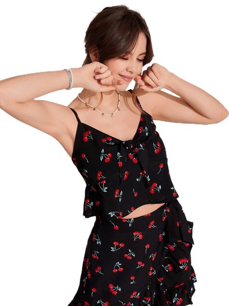 cherry print knot front peplum cami c44f#, White 
cherry print knot front peplum cami c44f#, White