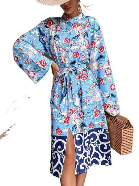 floral print belted shirt dress y5pg#, Black;gray