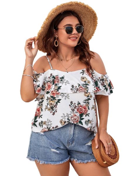plus floral print ruffle trim cold shoulder blouse l4dg#, Black 
plus floral print ruffle trim cold shoulder blouse l4dg#, Black