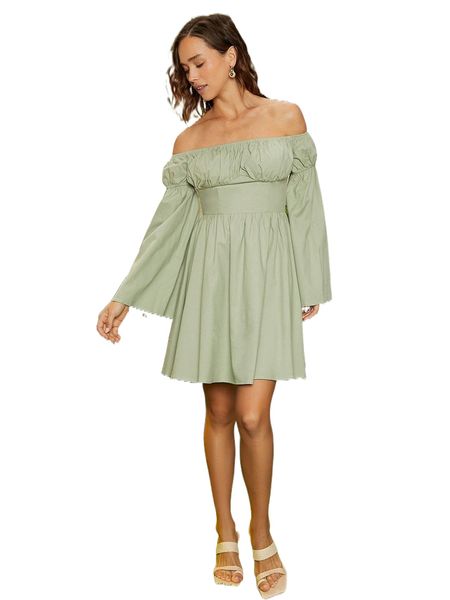 off shoulder flounce sleeve ruched bust dress i9zc#, Black;gray
off shoulder flounce sleeve ruched bust dress i9zc#, Black;gray