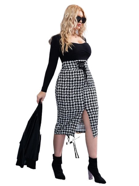plus houndstooth print lace up high waisted split hem skirt l6ec#, Black
plus houndstooth print lace up high waisted split hem skirt l6ec#, Black
