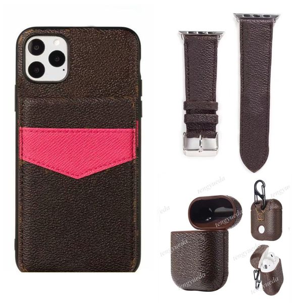 

Designer Fashion Phone Cases for iphone 13 12 11pro max with Watch Band 38 40 441 42 44 45mm Leather Straps and for airpods 1 2 3 pro Protective Cover, L6-brown grid