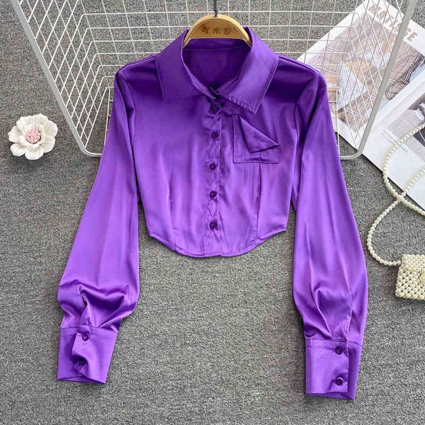 women's blouses shirts spring and autumn girl style high waist acetic acid satin short shirt women's unique design sense of niche, White
women's blouses shirts spring and autumn girl style high waist acetic acid satin short shirt women's unique design sense of niche, White
