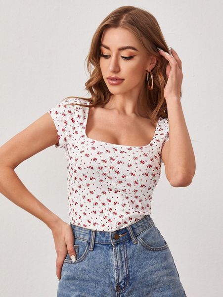 square neck rib-knit ditsy floral t7dn#, White