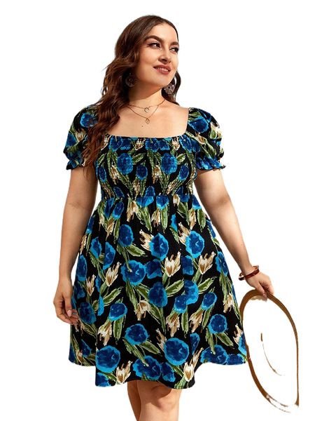 plus floral print shirred square neck puff sleeve dress j7r7#, Black
plus floral print shirred square neck puff sleeve dress j7r7#, Black