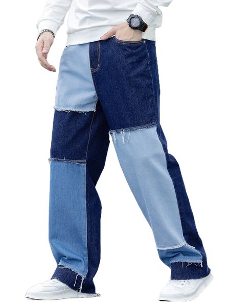 men color block frayed straight leg jeans e6zt#, Blue
men color block frayed straight leg jeans e6zt#, Blue