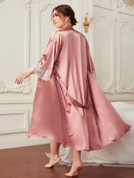 plus eyelash lace panel belted satin robe & cami dress pj set q919#, Black;white 
plus eyelash lace panel belted satin robe & cami dress pj set q919#, Black;white