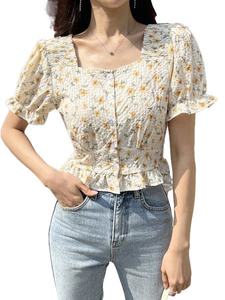 dazy allover floral print shirred square neck puff sleeve ruffle hem blouse 54ze#, White
dazy allover floral print shirred square neck puff sleeve ruffle hem blouse 54ze#, White
