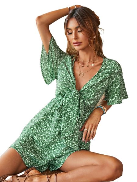 ditsy floral flutter sleeve tie front romper x9wa#, Black;white 
ditsy floral flutter sleeve tie front romper x9wa#, Black;white