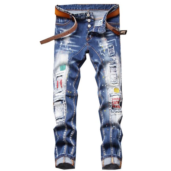 men badge slim fit hole jeans men's fashion stretchy ripped motocycle denim pants panelled hip hop trousers regular cotton jean destroy, Blue
men badge slim fit hole jeans men's fashion stretchy ripped motocycle denim pants panelled hip hop trousers regular cotton jean destroy, Blue