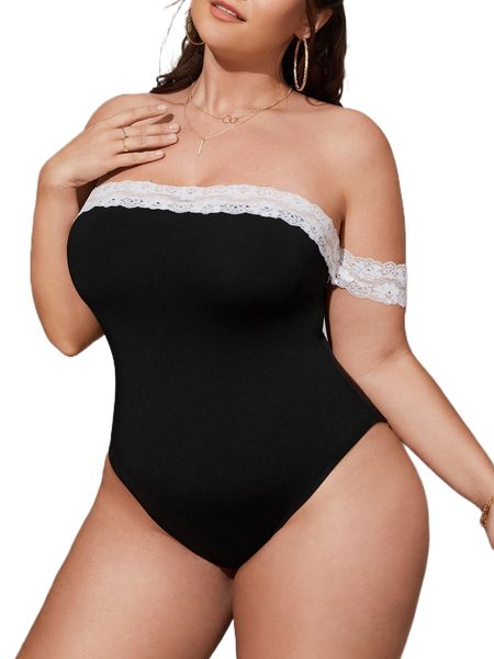 plus off shoulder contrast lace trim bodysuit g0lr#, Black
plus off shoulder contrast lace trim bodysuit g0lr#, Black