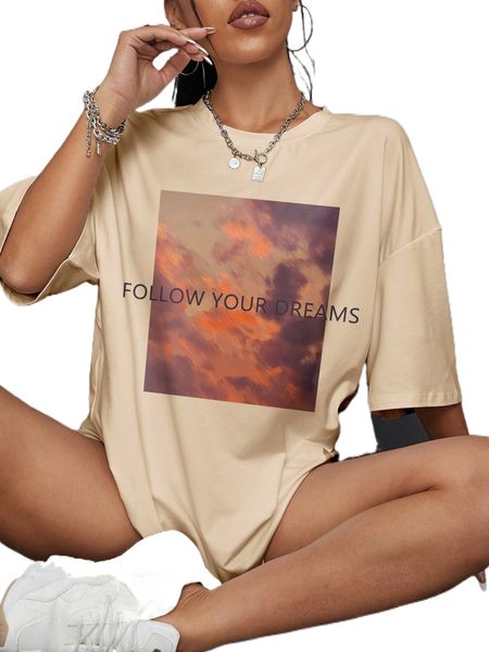 sky and slogan graphic drop shoulder oversized tee 93qz#, White 
sky and slogan graphic drop shoulder oversized tee 93qz#, White