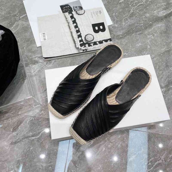 women's leather fold slippers mule beach slippers summer, Black