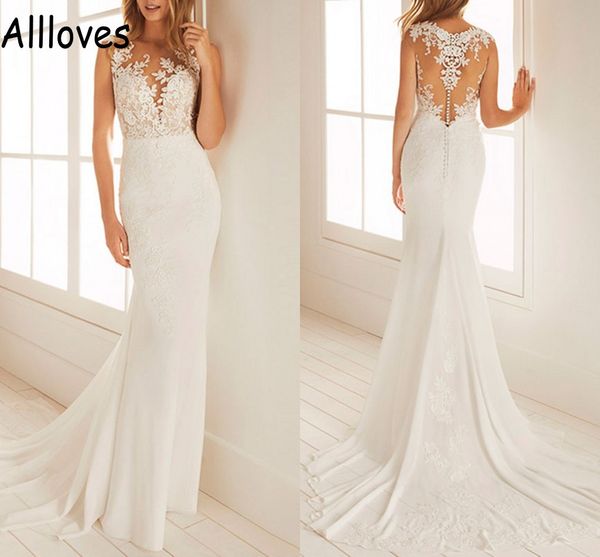 modest satin simple wedding gowns sheer neck lace appliqued beach boho bridal dress sweep train elegant buttons back fishtails robes de mari, White
modest satin simple wedding gowns sheer neck lace appliqued beach boho bridal dress sweep train elegant buttons back fishtails robes de mari, White
