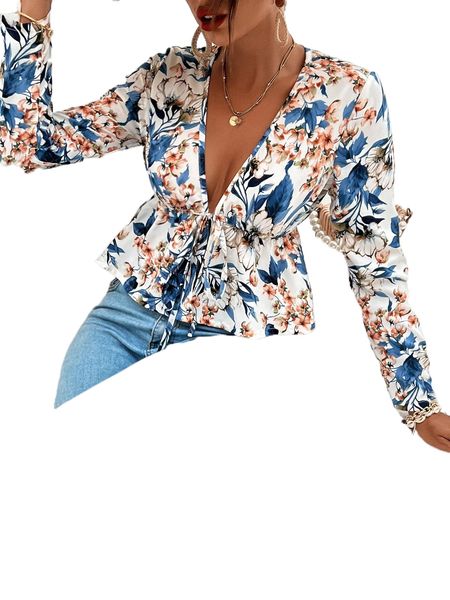 floral print knot front peplum blouse q3hj#, White