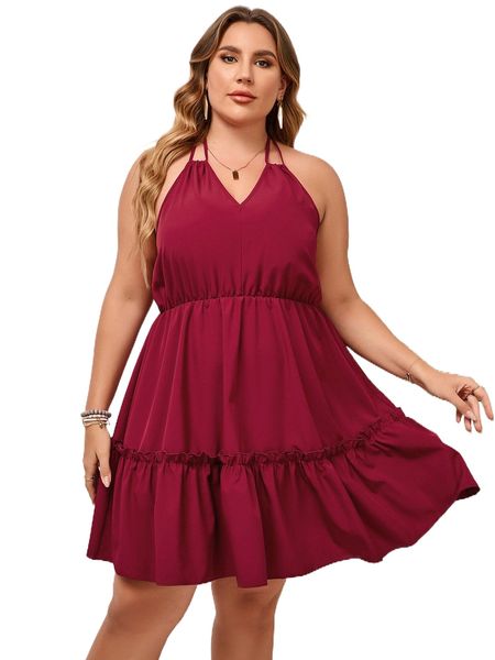 plus tie backless frill trim halter dress 00ri#, Black