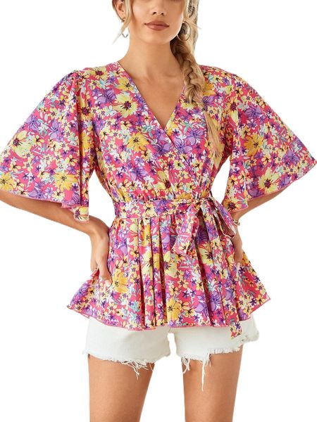 surplice neck floral allover print belted 585i#, White