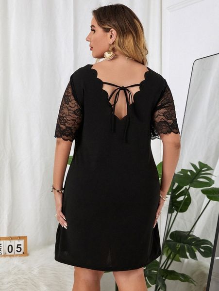 plus contrast lace scallop trim tie back dress a9hm#, Black