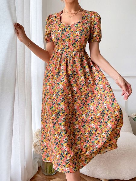 allover floral print sweetheart neck puff sleeve dress b3pc#, Black;gray