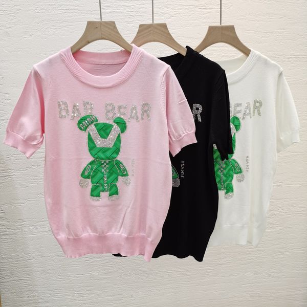 2022 fashion new alphabet diamond knitted t-shirt green bear heavy craft diamond round collar pullover top, White
2022 fashion new alphabet diamond knitted t-shirt green bear heavy craft diamond round collar pullover top, White