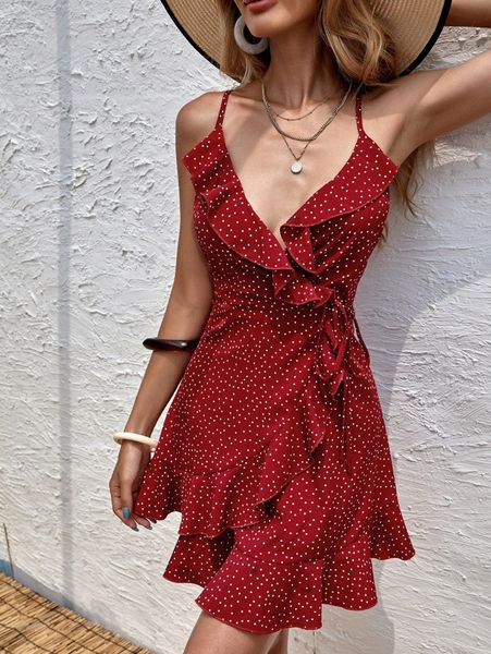 ruffle trim wrap hem cami dress 30t7#, Black;gray