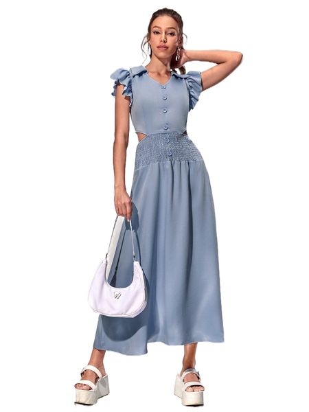 cut out shirred waist button front dress u90c#, Black;gray 
cut out shirred waist button front dress u90c#, Black;gray