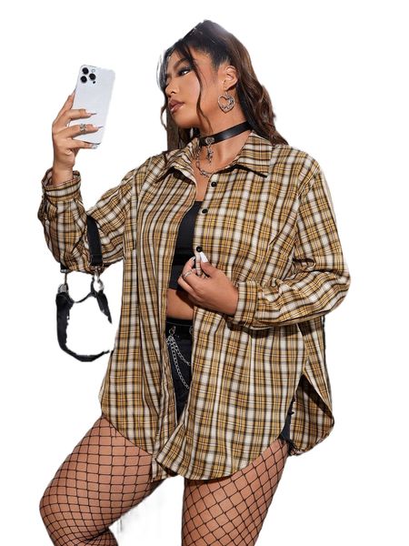 plus button front split hem plaid shirt e1os#, Black
plus button front split hem plaid shirt e1os#, Black