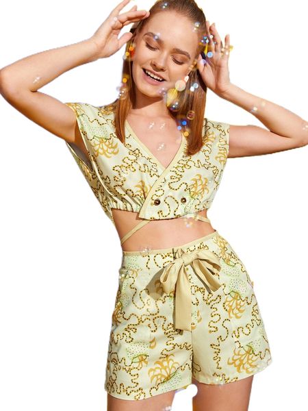x bianca allover print tie back crop & bow front shorts c6ev#, White
