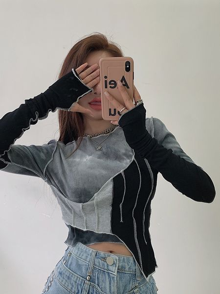 women's t-shirt tie-dye color matching irregular women slim crop chic design korean style long sleeve spring, White
women's t-shirt tie-dye color matching irregular women slim crop chic design korean style long sleeve spring, White