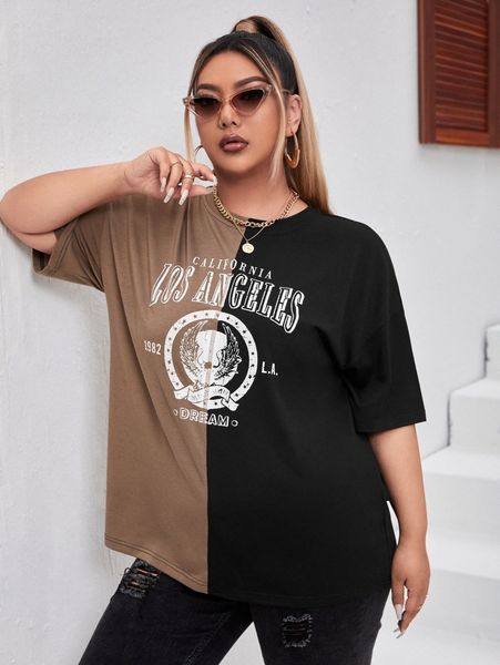 plus two tone letter graphic tee 19u1#, Black