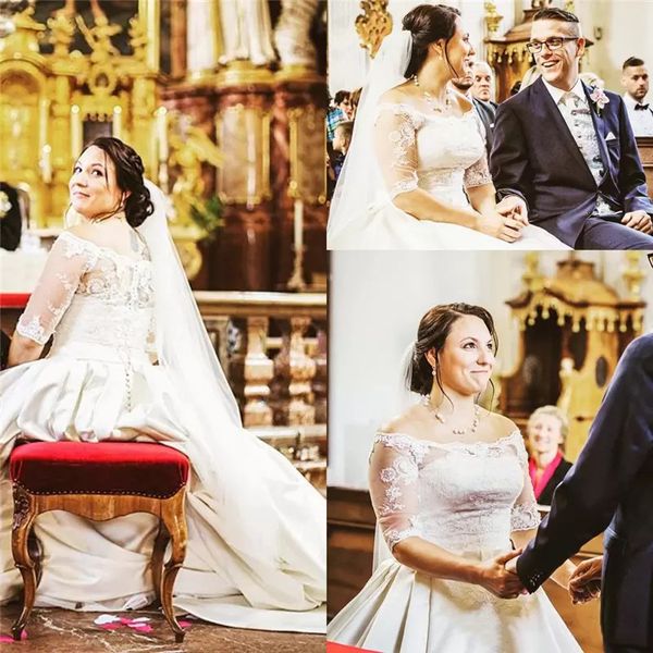 plus size lace satin aline wedding dress off shoulder with short sleeves buttons back bridal gowns custom made, White
plus size lace satin aline wedding dress off shoulder with short sleeves buttons back bridal gowns custom made, White