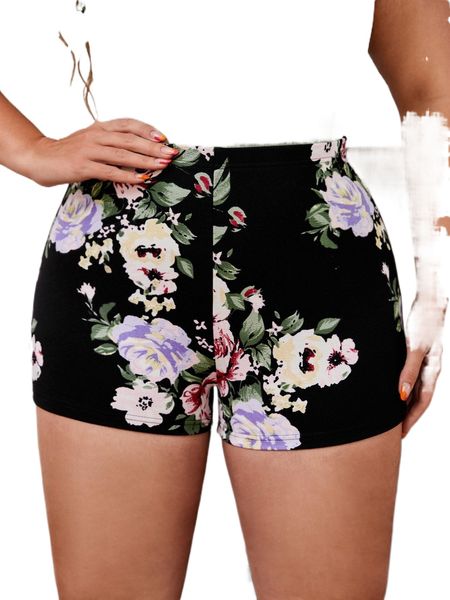 plus floral print biker shorts u0bm#, Black