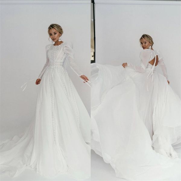 modest puff long sleeves wedding dresses hollow out jewel bridal gowns lace appliques open back a line robe de mariée custom made, White
modest puff long sleeves wedding dresses hollow out jewel bridal gowns lace appliques open back a line robe de mariée custom made, White
