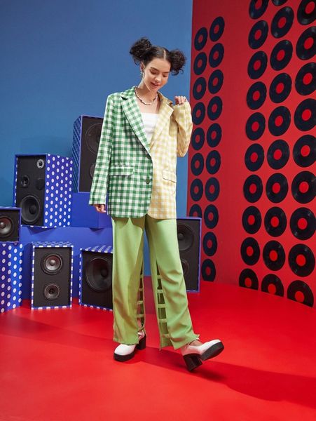 x jewel sum gingham colorblock single breasted blazer p4lj#, White 
x jewel sum gingham colorblock single breasted blazer p4lj#, White