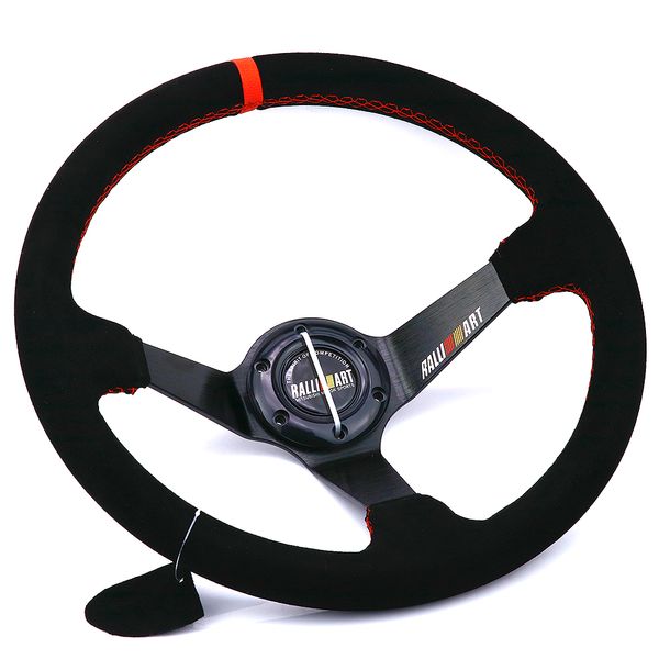 black ralliart 350mm/14inch black suede leather deep dish steering wheel 
black ralliart 350mm/14inch black suede leather deep dish steering wheel